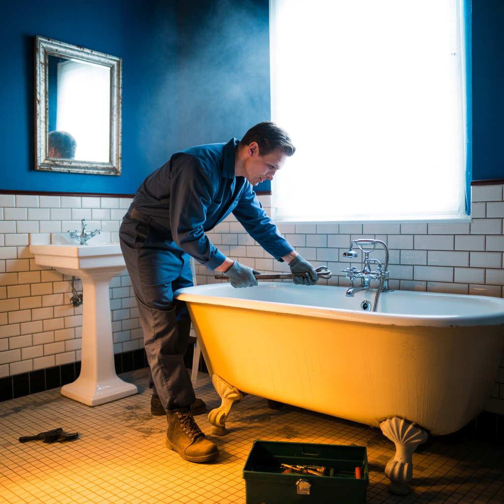 Plombier installant la robinetterie d’une baignoire