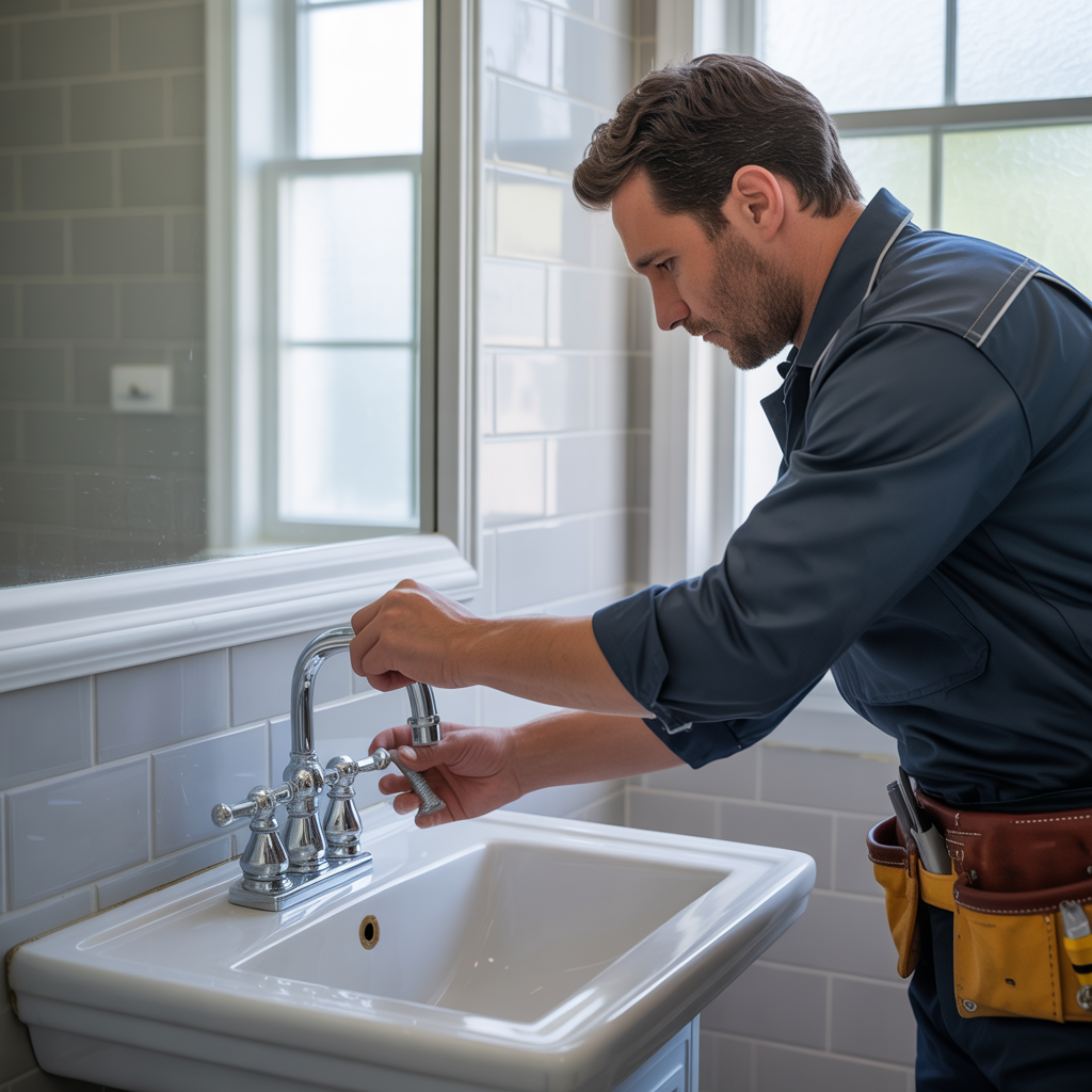 Plombier contrôlant la robinetterie d’un lavabo