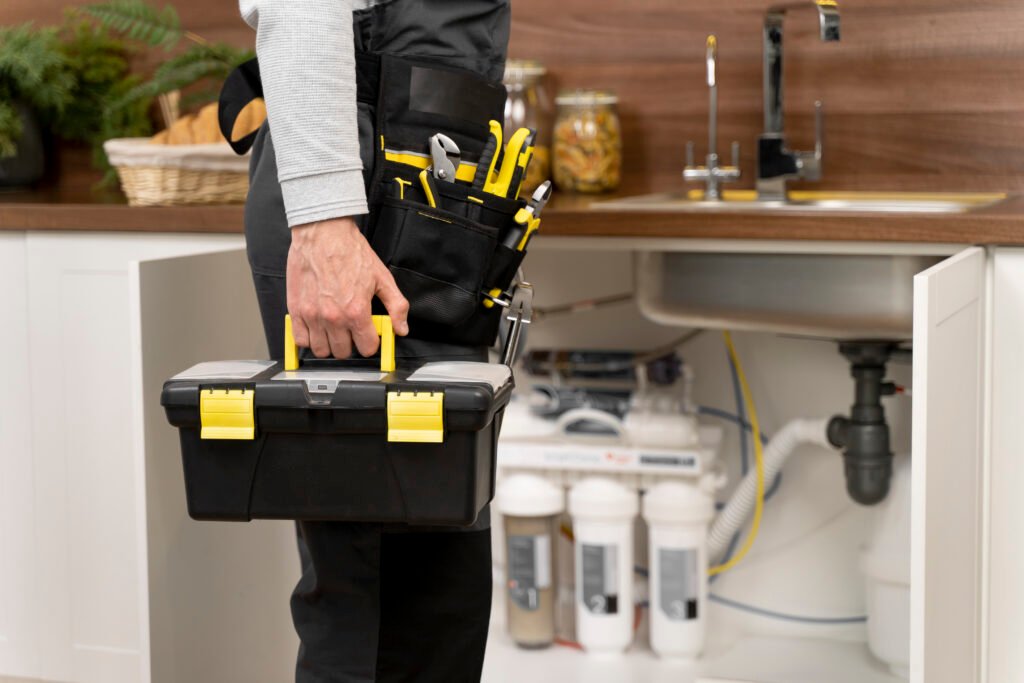 Plombier arrivant avec sa caisse à outils dans une cuisine